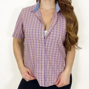 Wrangler Blues Womens Shirt Small Checked Red Blue Short Sleeve Button Up